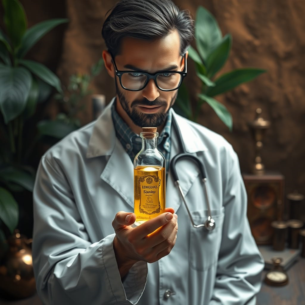 doctor with lemongrass oil bottle